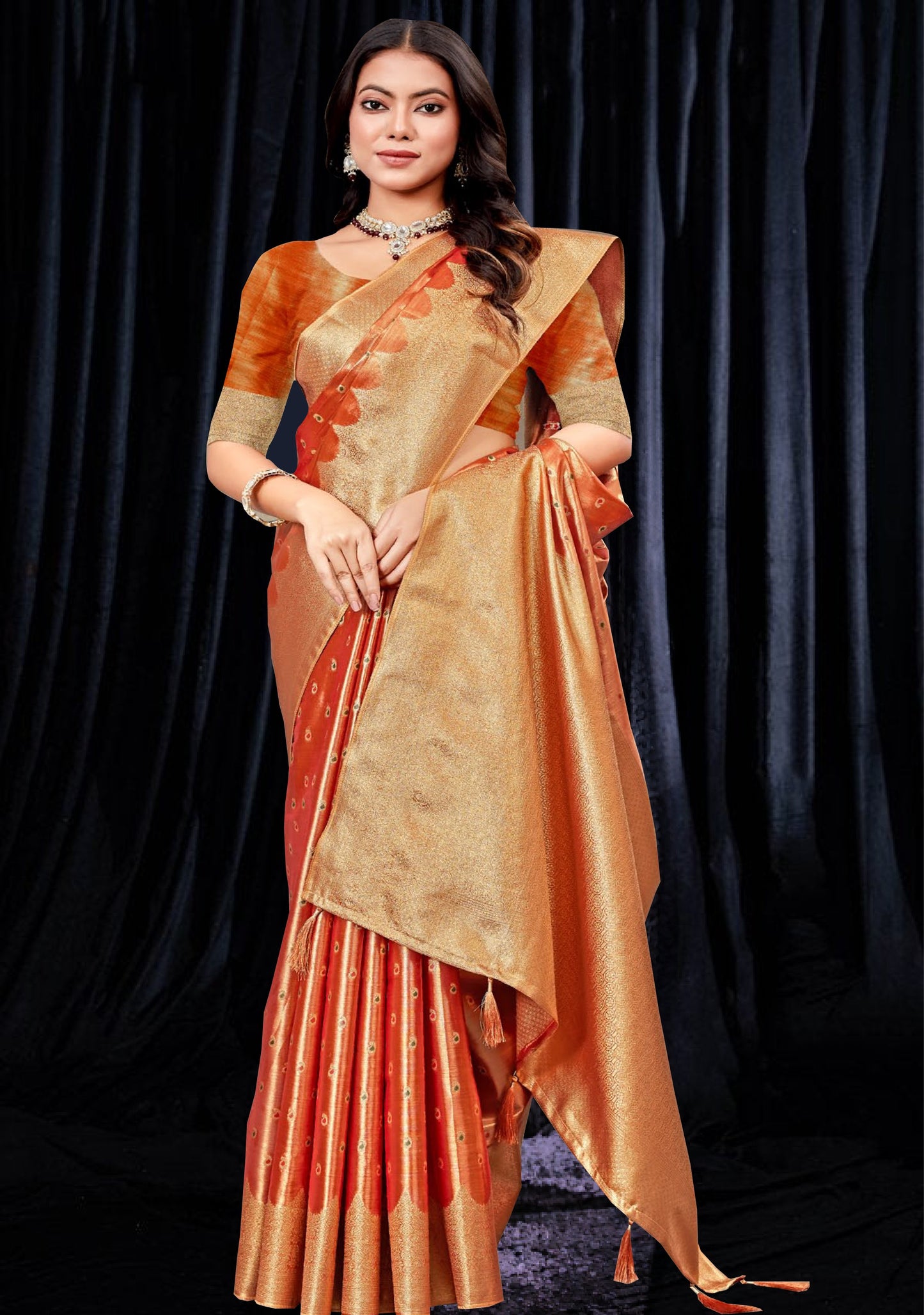 Coppery Orange pure tissue Silk Saree