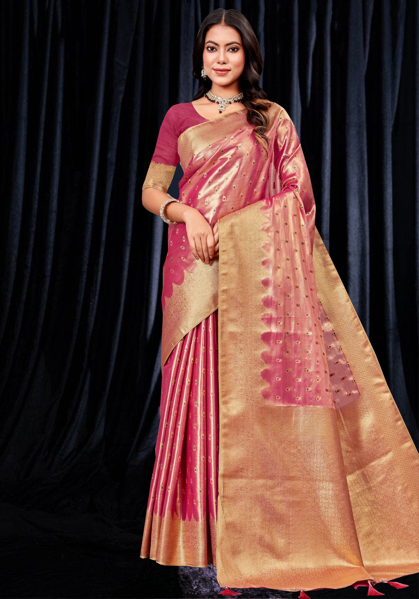Rani Pink pure tissue Silk Saree