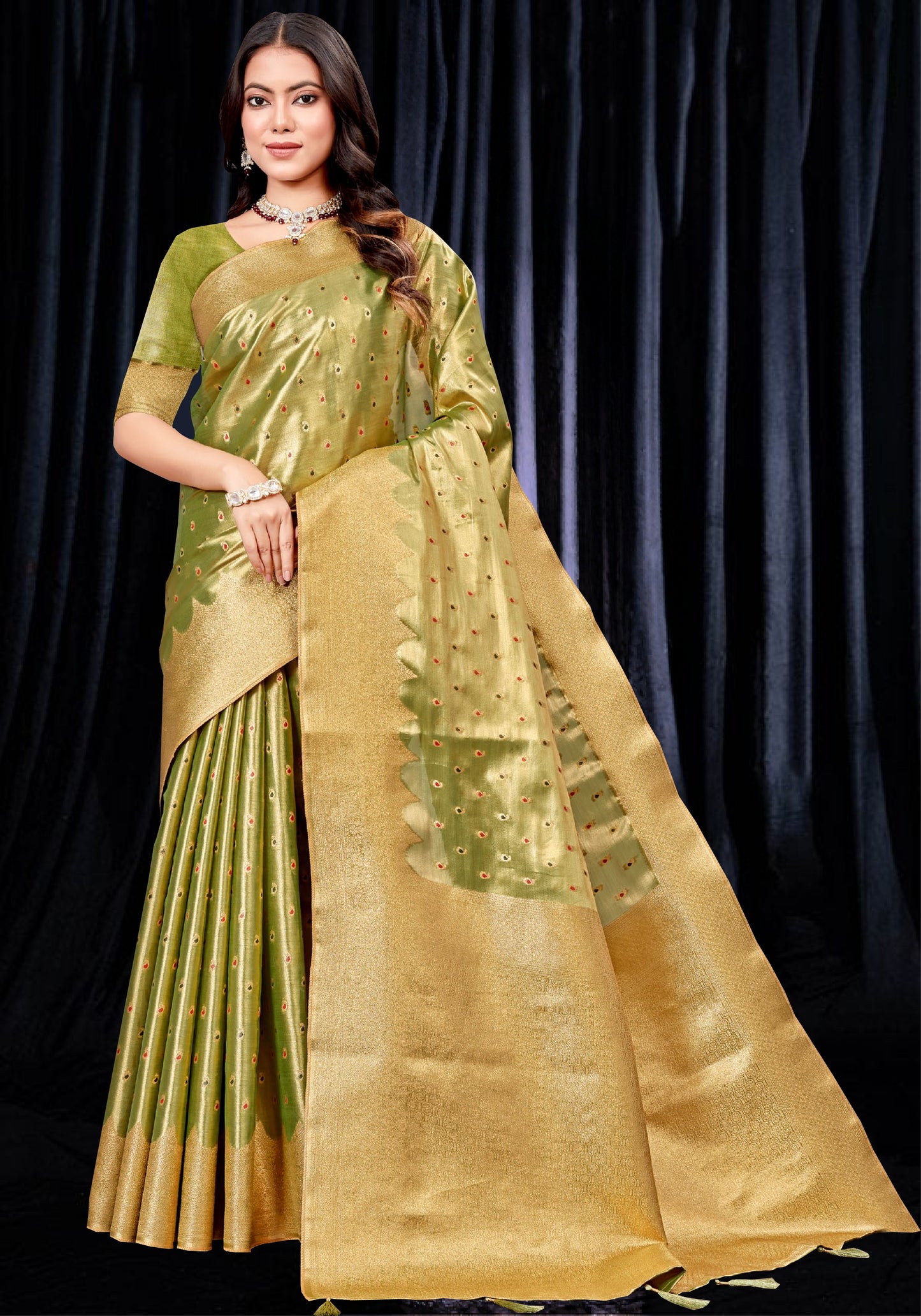 Parrot Green pure tissue Silk Saree Kanjivaram