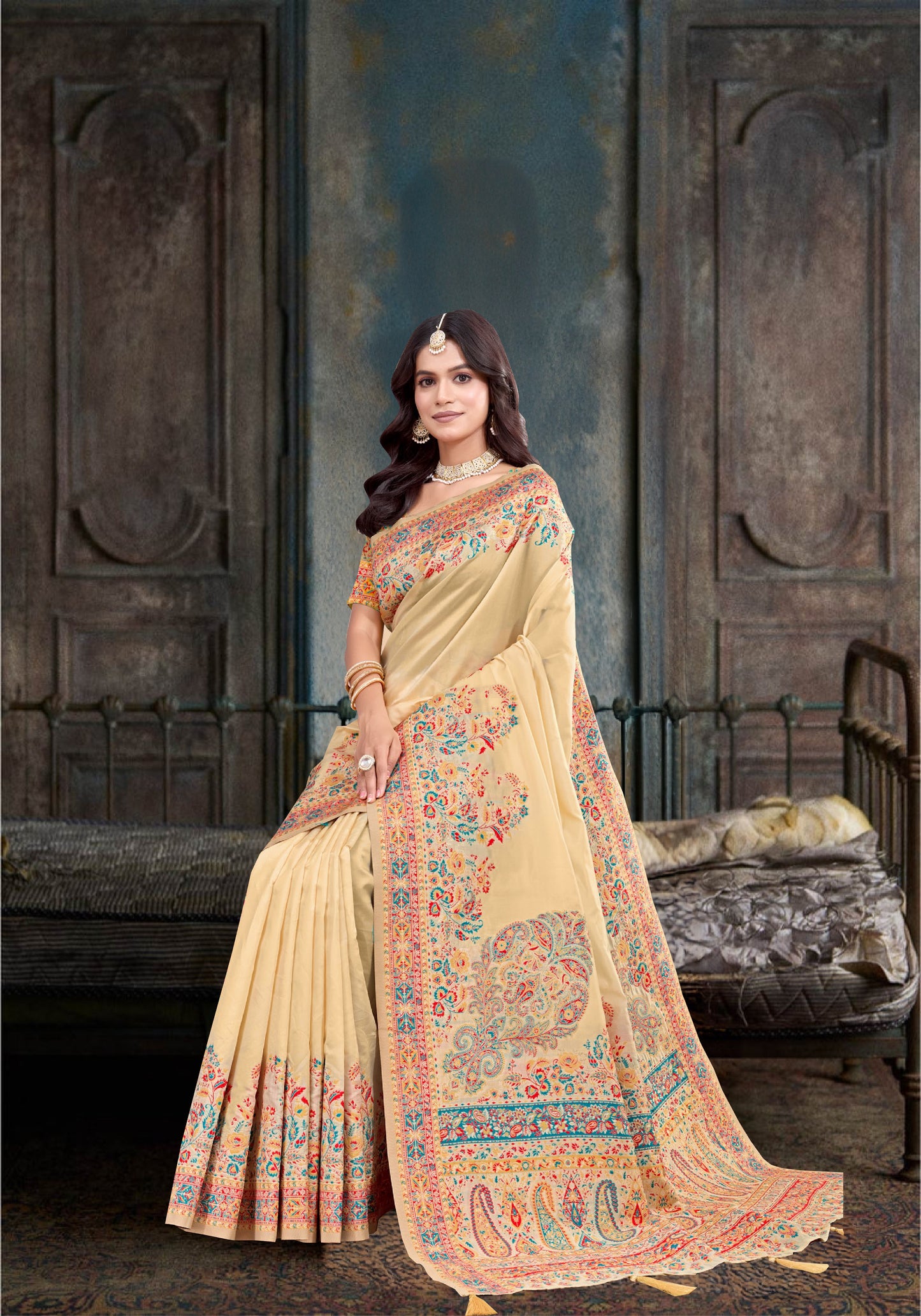 Beige Pashmina Silk Sare