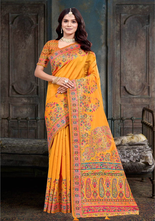 Mustard Yellow Pashmina Silk Saree