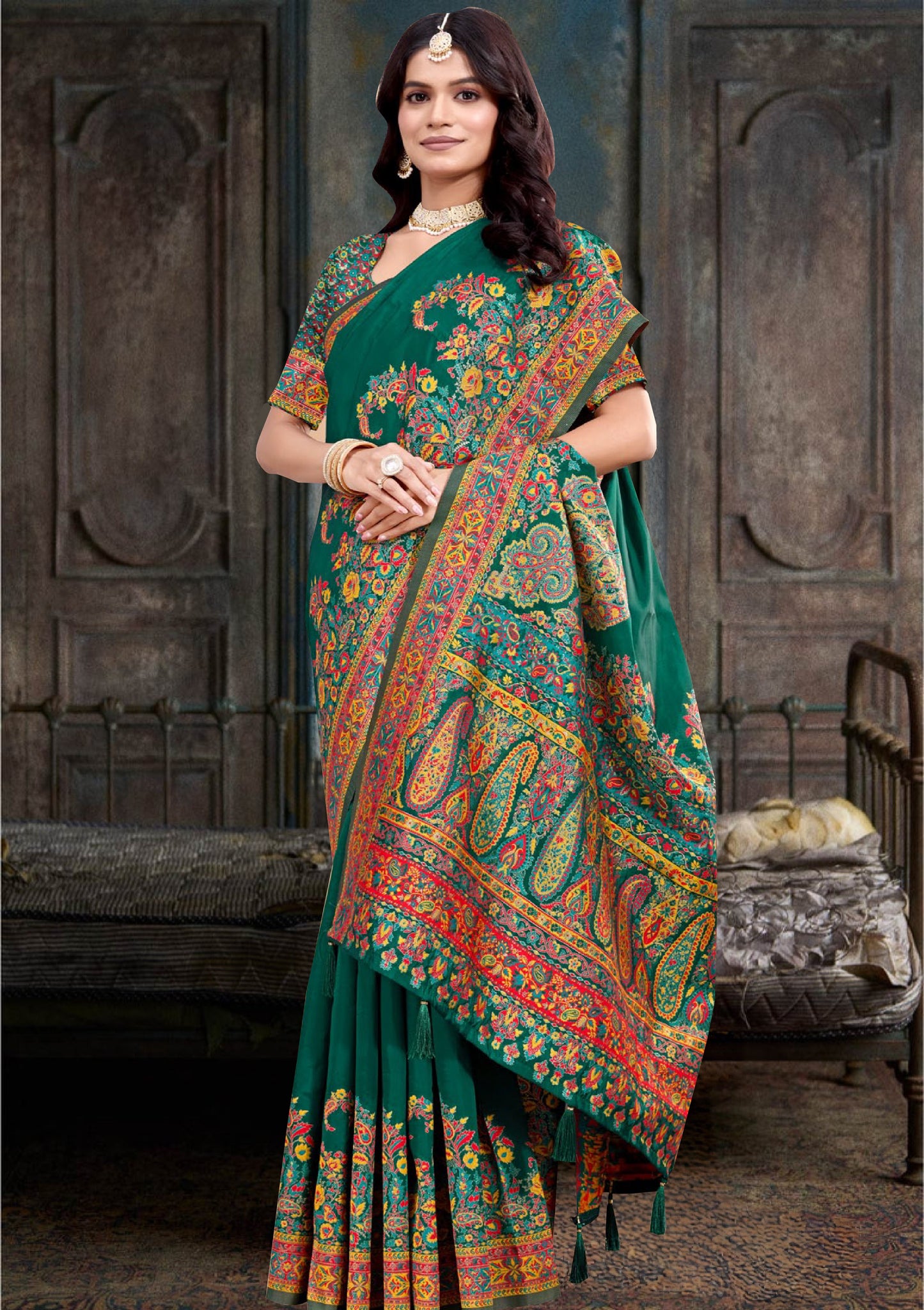 Deep Green Pashmina Silk Saree