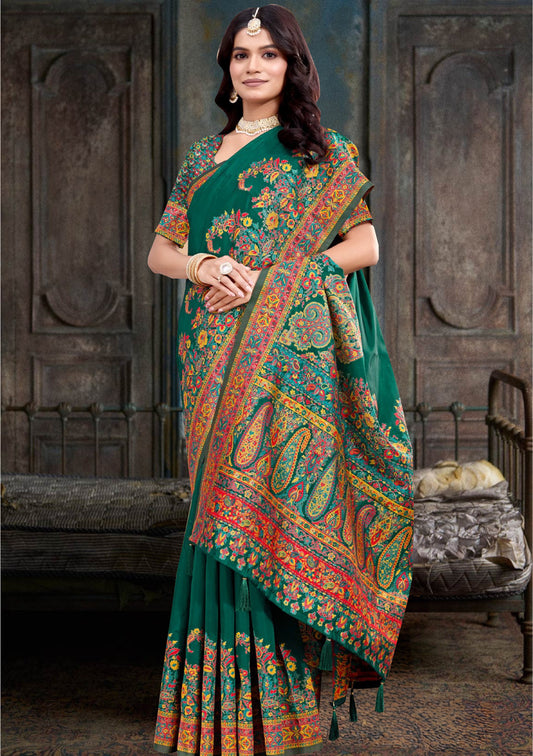 Deep Green Pashmina Silk Saree