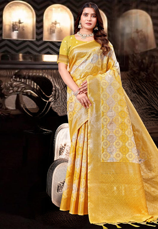 Vibrant yellow saree with a subtle shimmer
