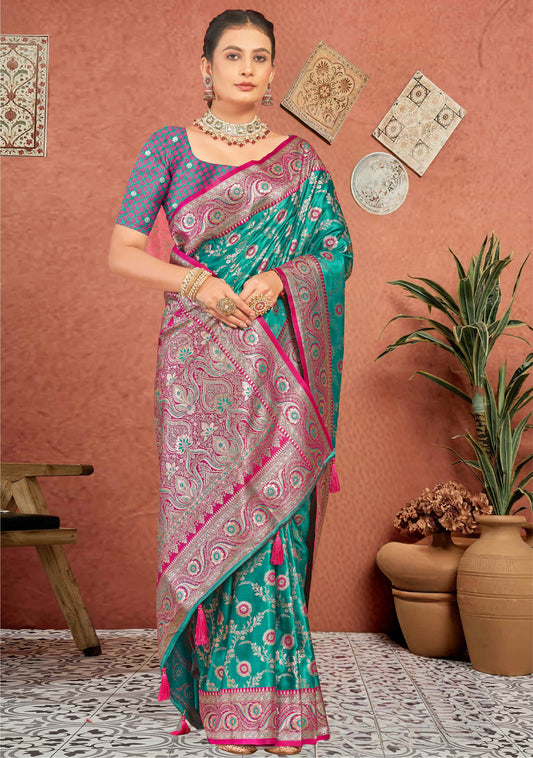 Turquoise Green Banarasi Silk Saree