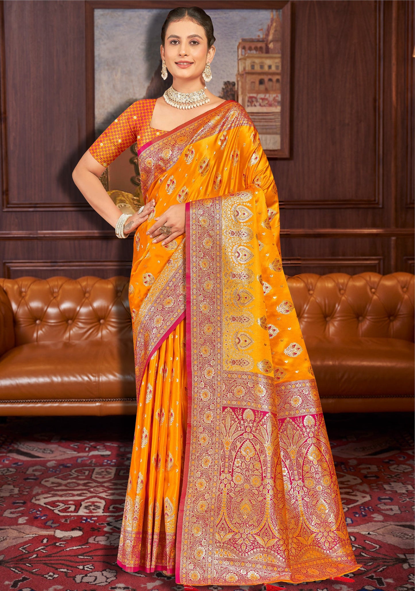 Bright Yellow Banarasi Saree