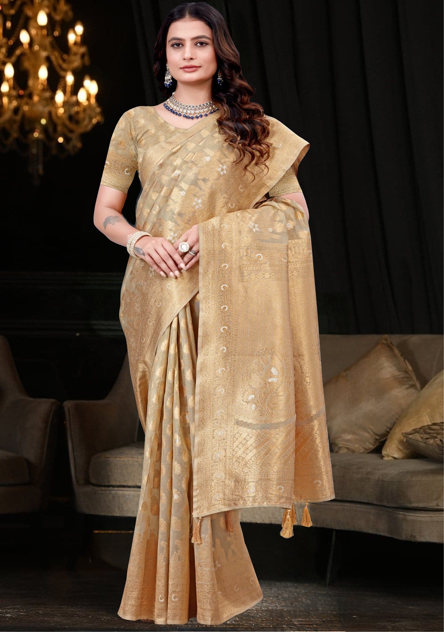 Light Beige-Golden Tissue Sare