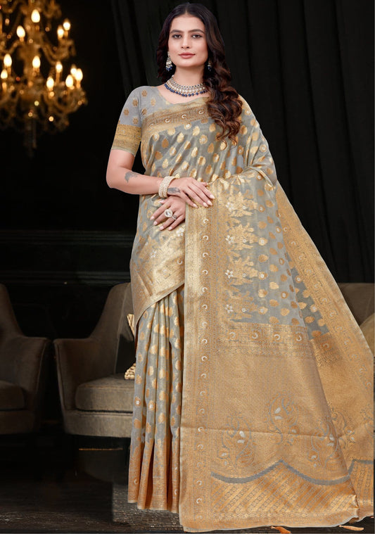Greyish Silver Tissue Saree Kanjivaram