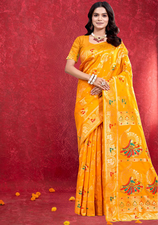 Bright Mustard Yellow Pashmina Silk Saree