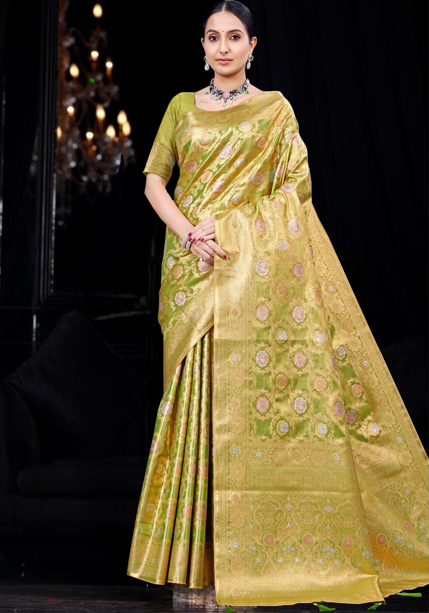 Lime Green pure Tissue kanjivaram Saree