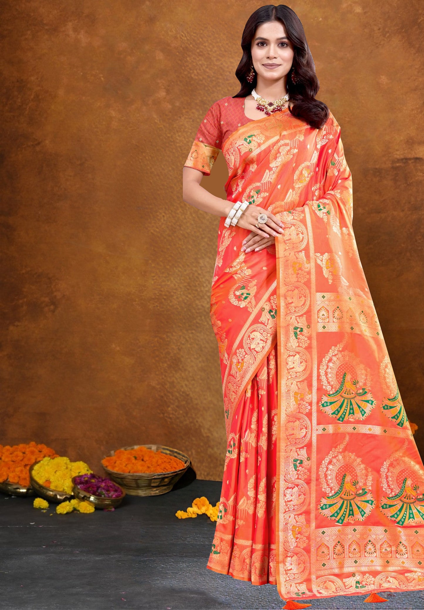 Reddish Orange Balucherry Silk Saree