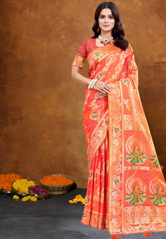 Reddish Orange Balucherry Silk Saree