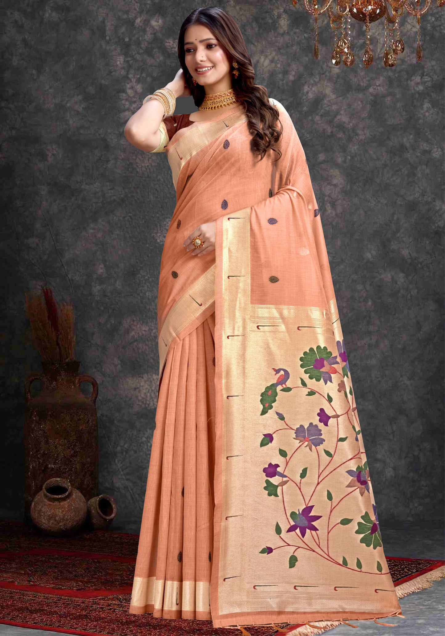 Peach linen cotton Saree
