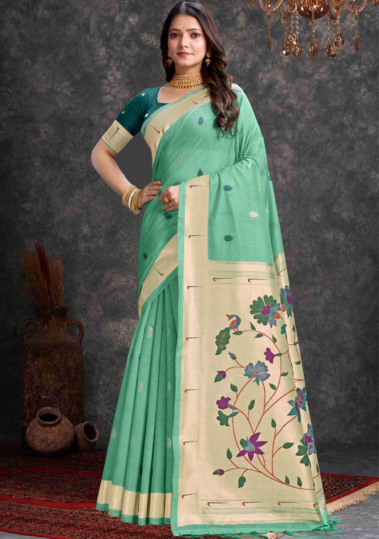 Sea Green linen cotton Saree