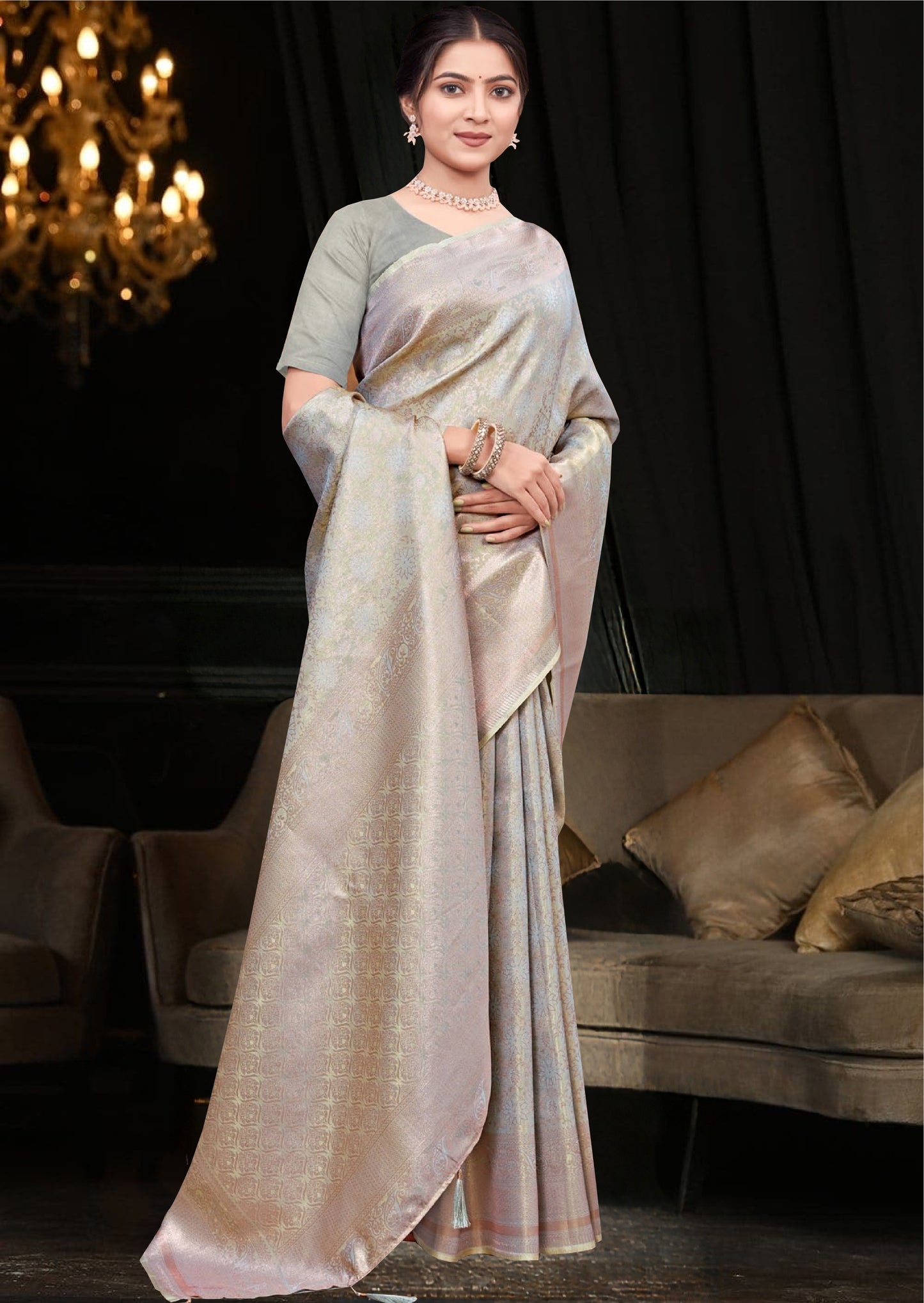 Greyish Silver Tissue Saree Kanjivaram