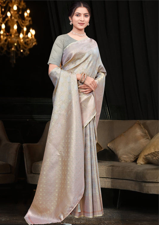Greyish Silver Tissue Saree Kanjivaram