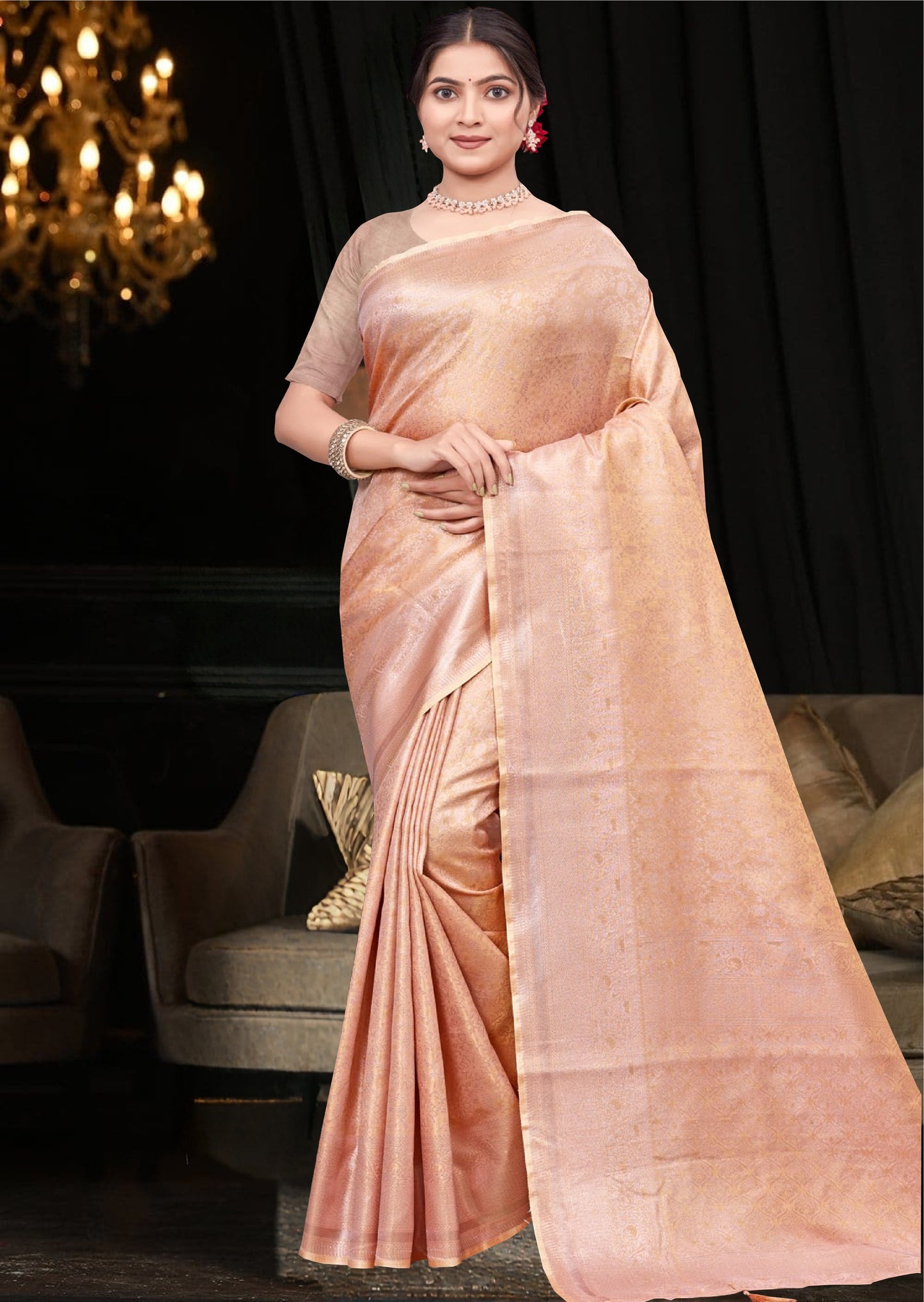 Peachy Golden Tissue Saree