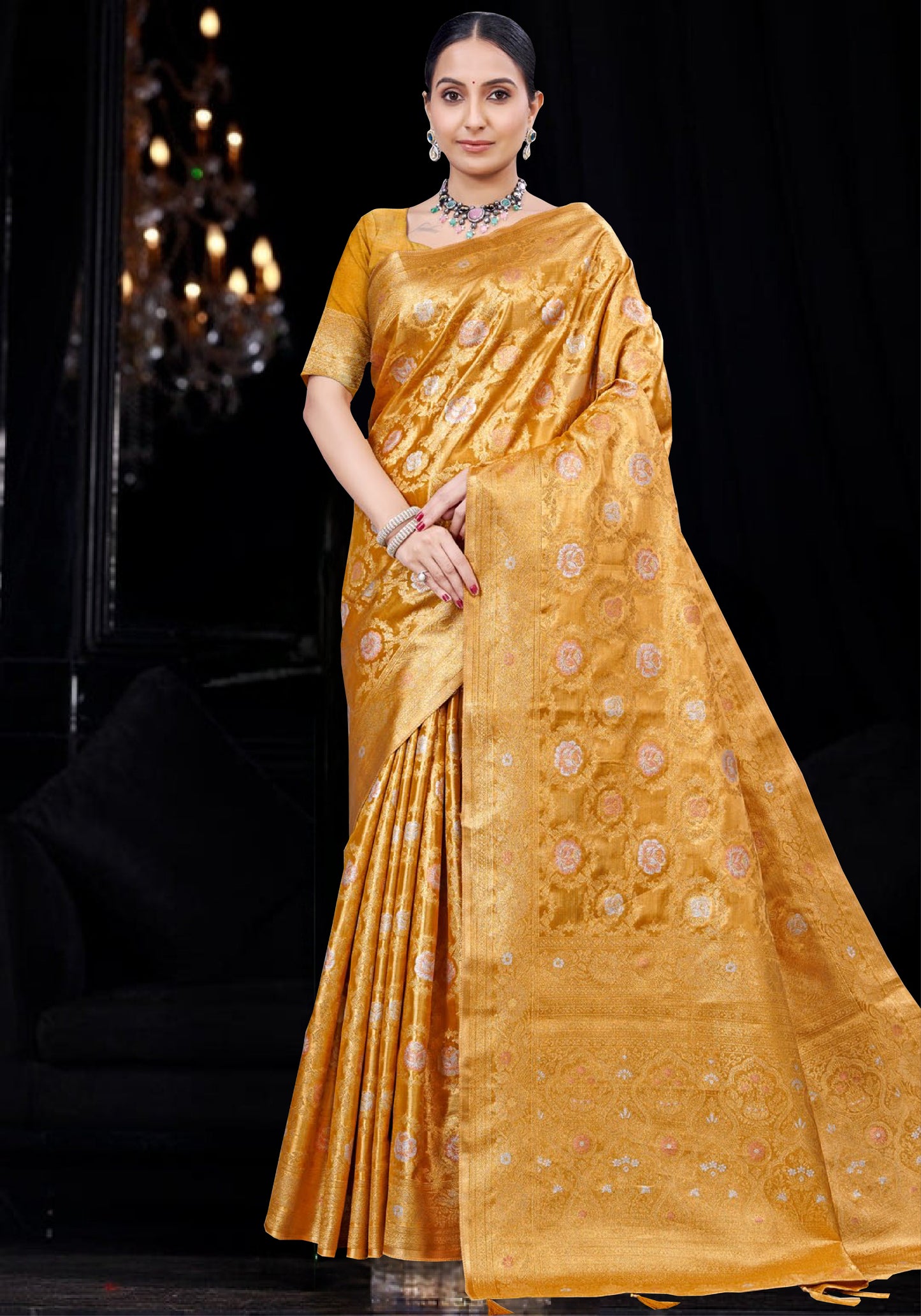 Mustard Yellow pure tissue kanjivaram Saree