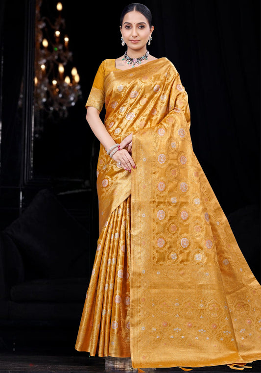 Mustard Yellow pure tissue kanjivaram Saree