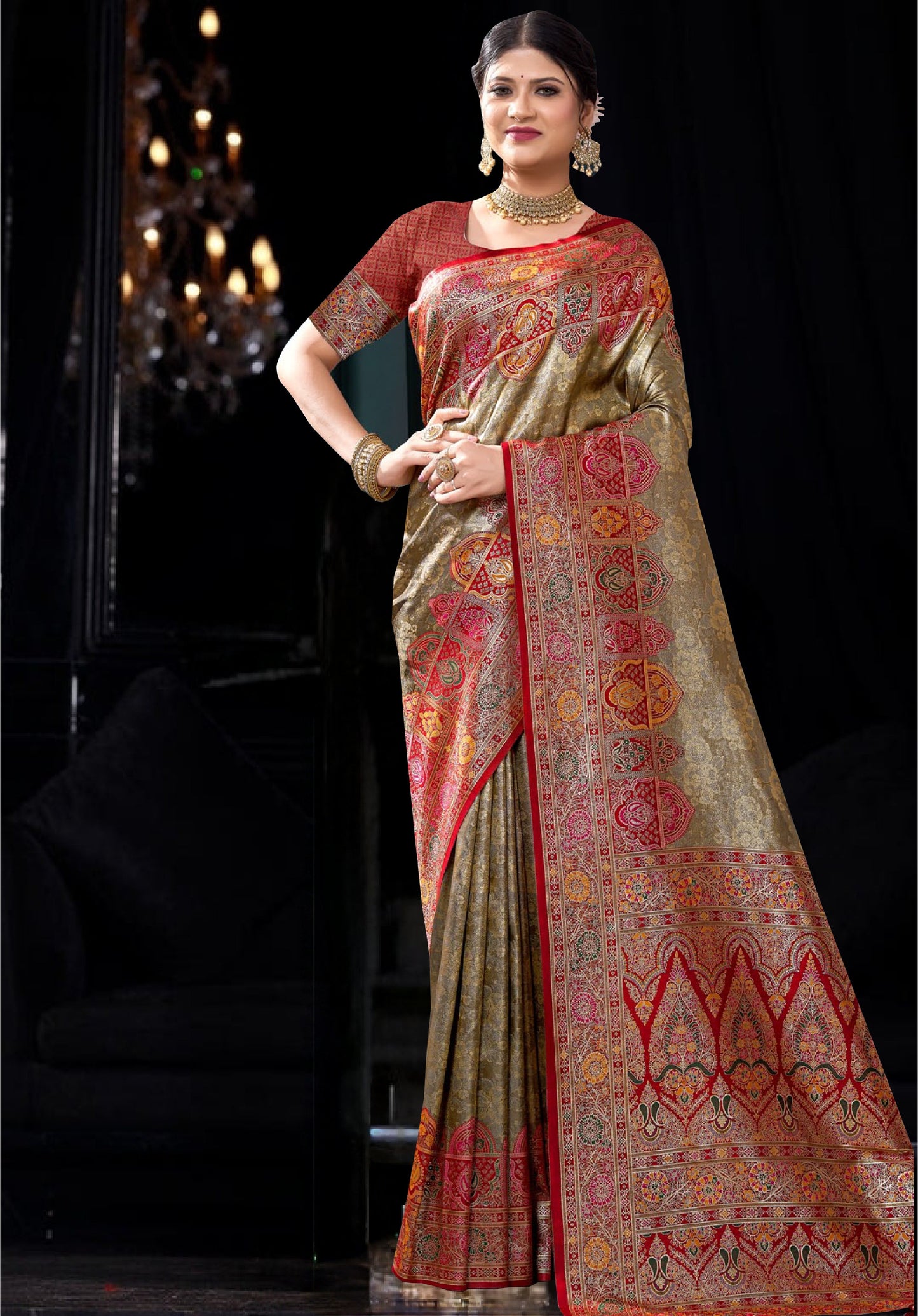 Antique Golden Beige Silk Saree