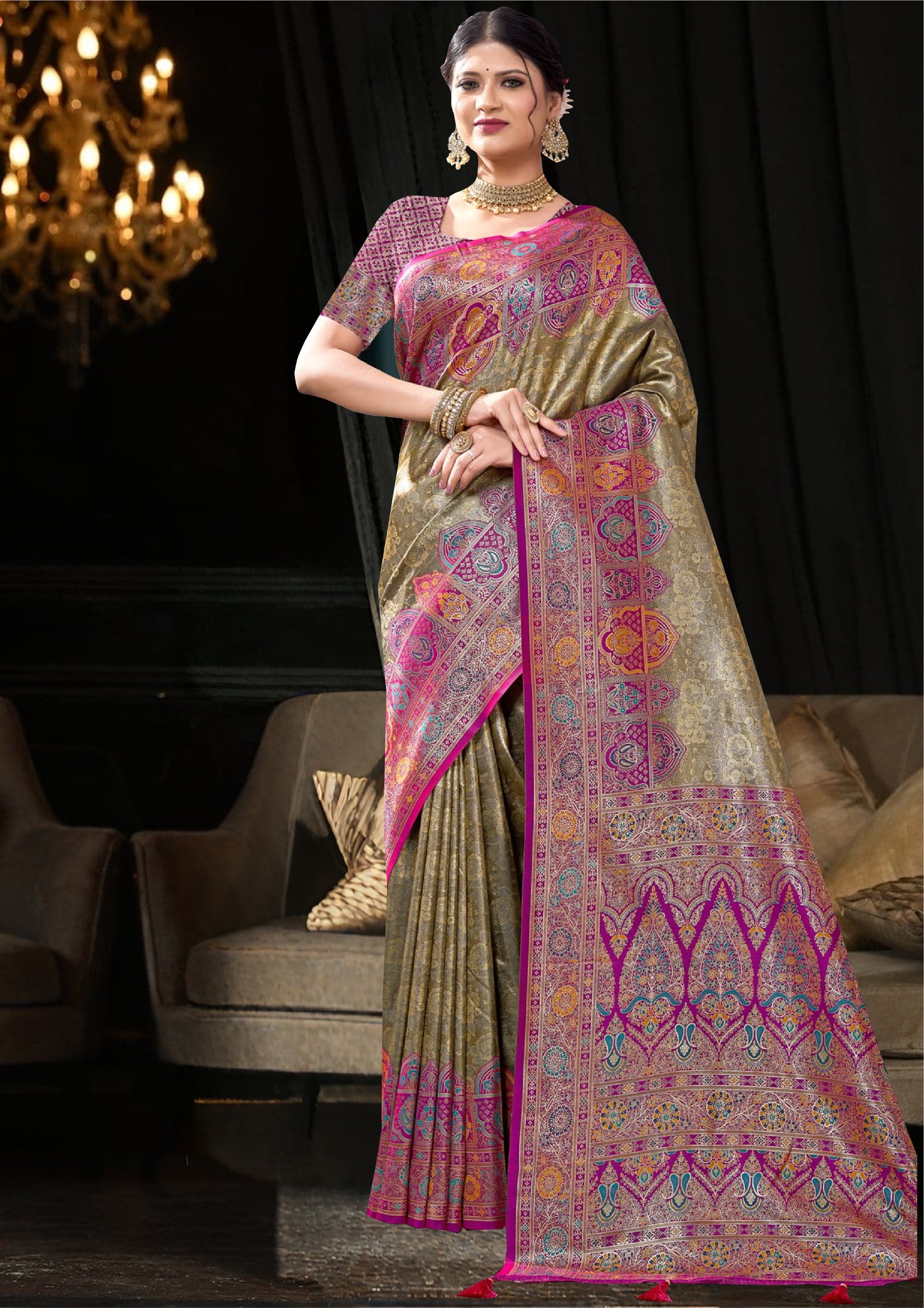 Golden Beige with Olive tint Beige Silk Saree