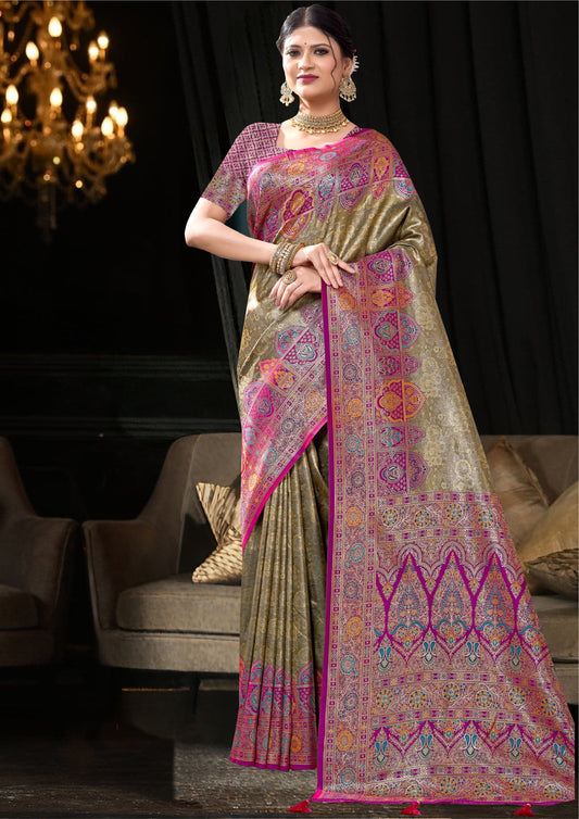 Golden Beige with Olive tint Beige Silk Saree