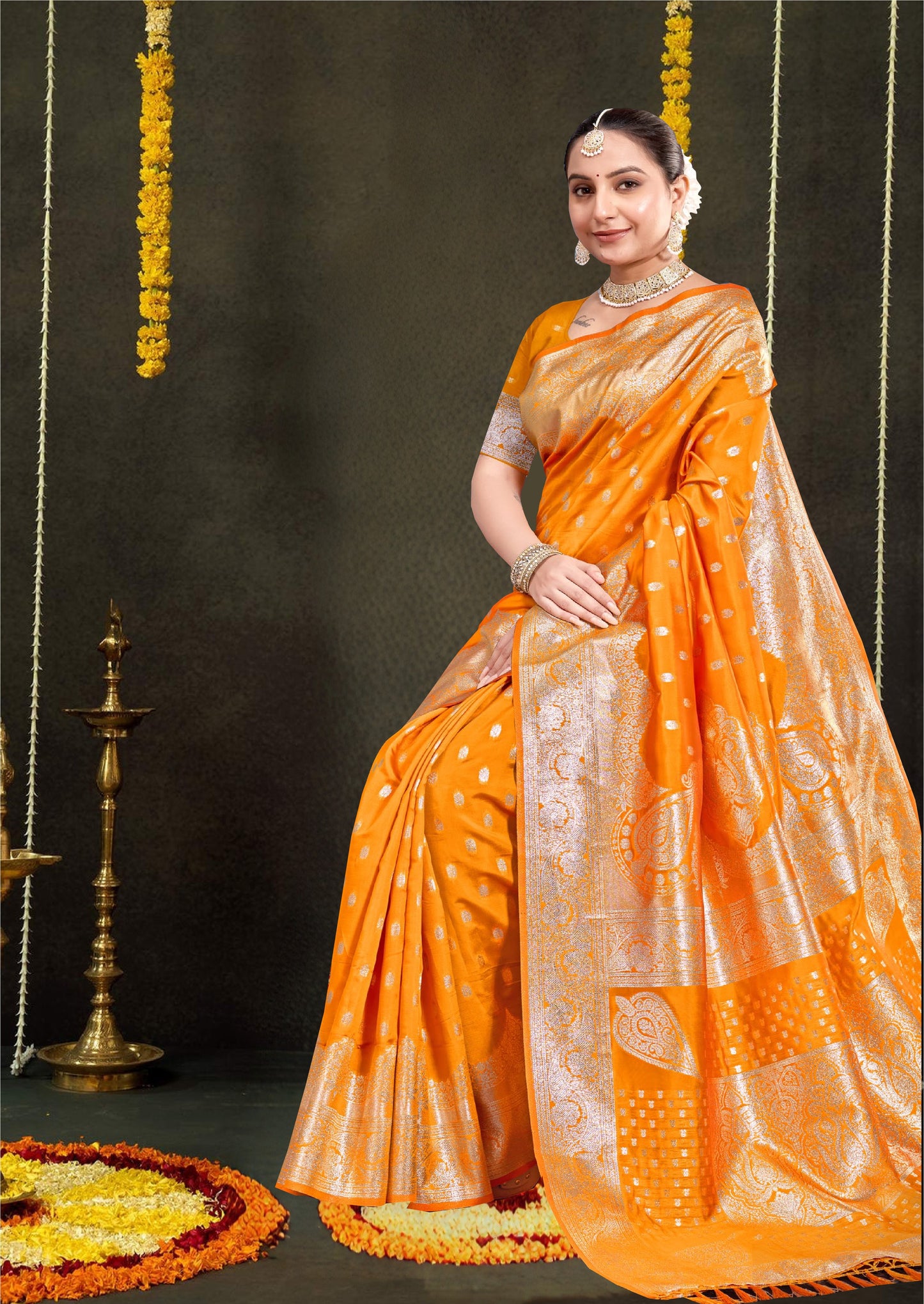 Bright Orange Banarasi Silk Saree