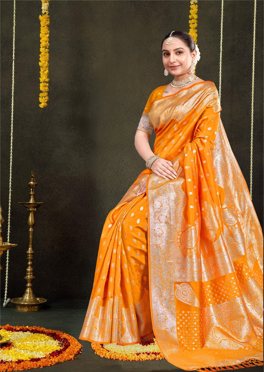 Bright Orange Banarasi Silk Saree