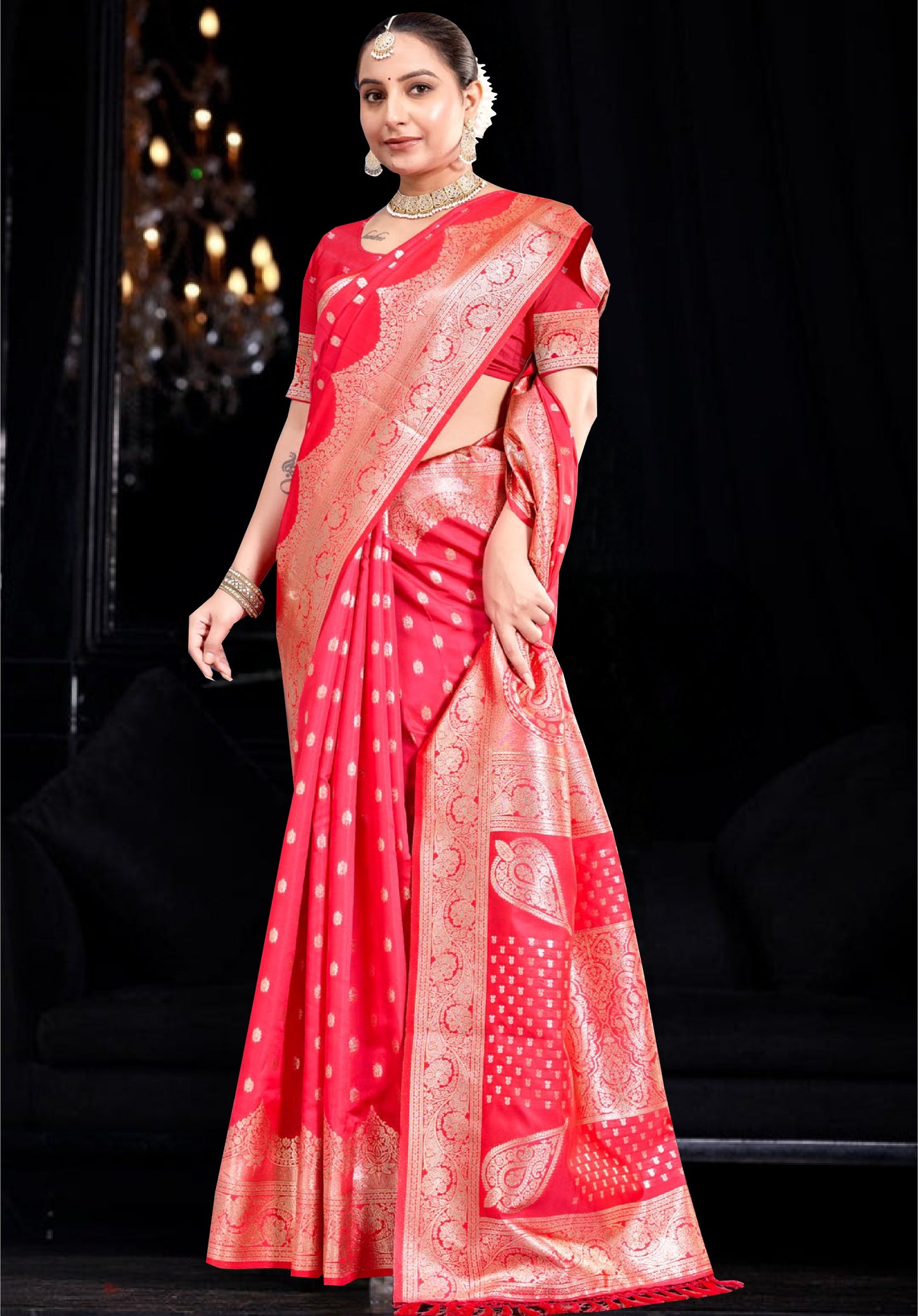 Dark Red Banarasi Silk Saree