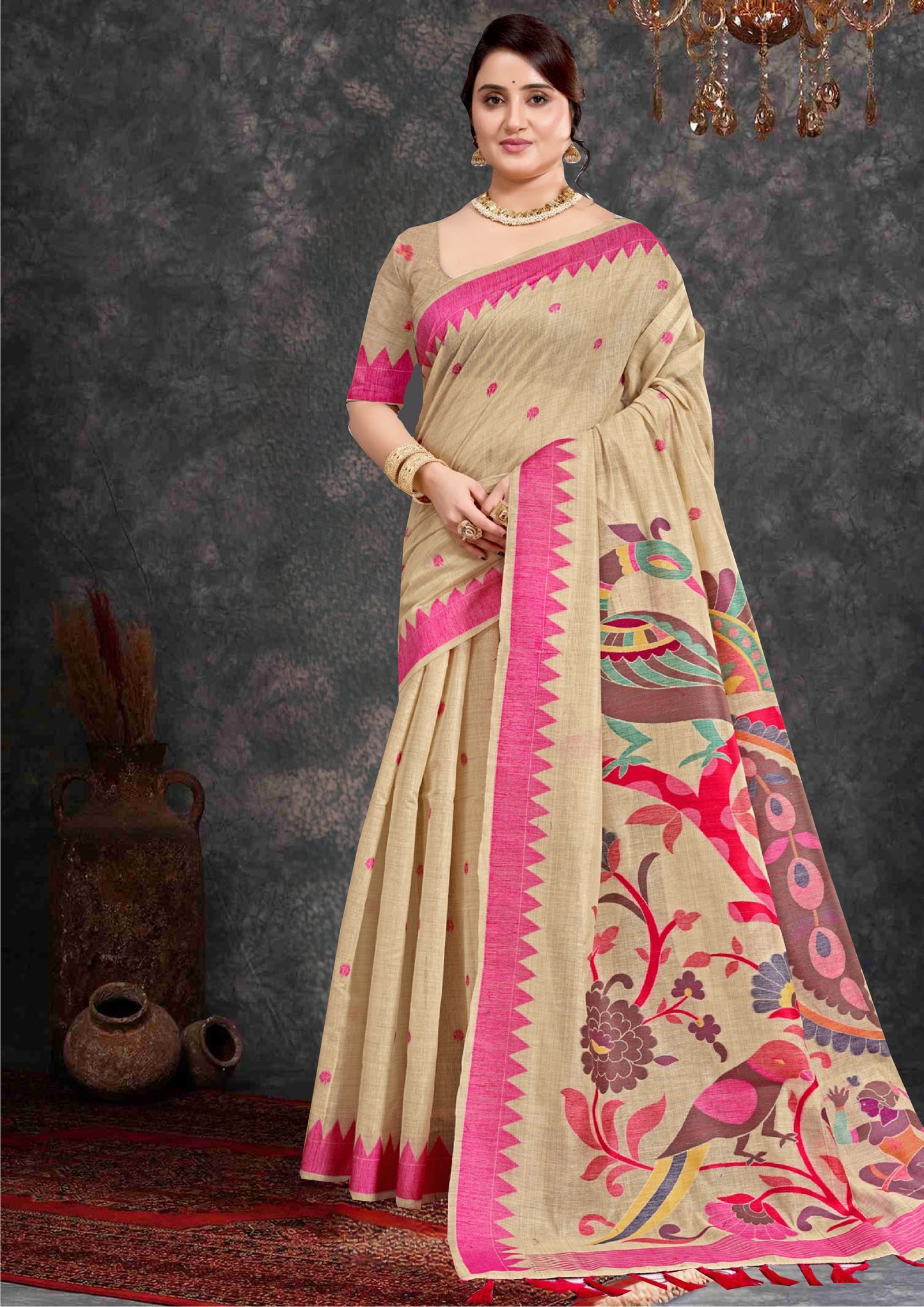 Beige cotton paithani Saree