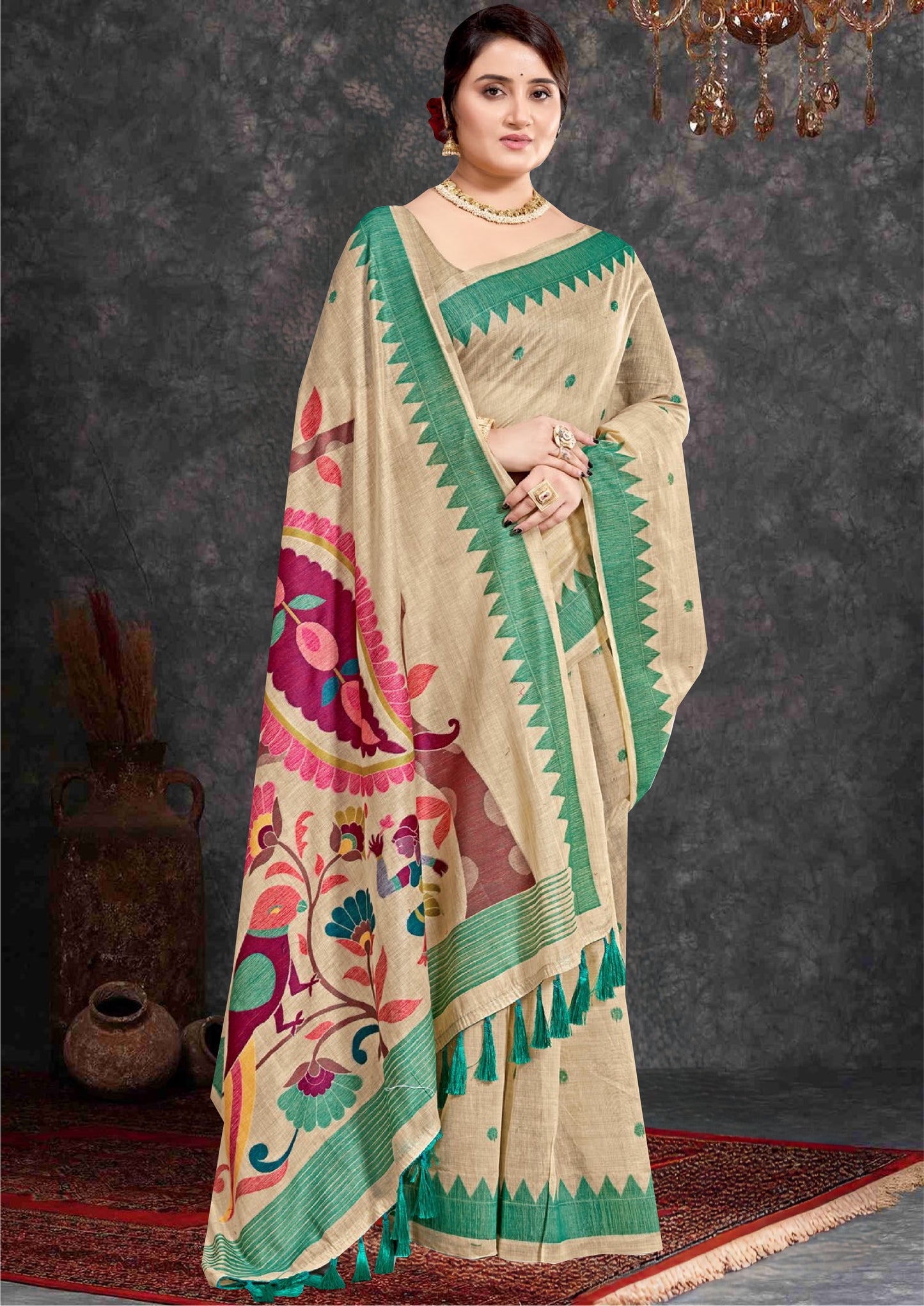 Beige cotton paithani Saree