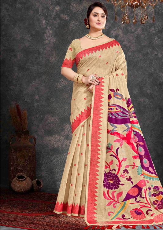 Beige cotton paithani Saree