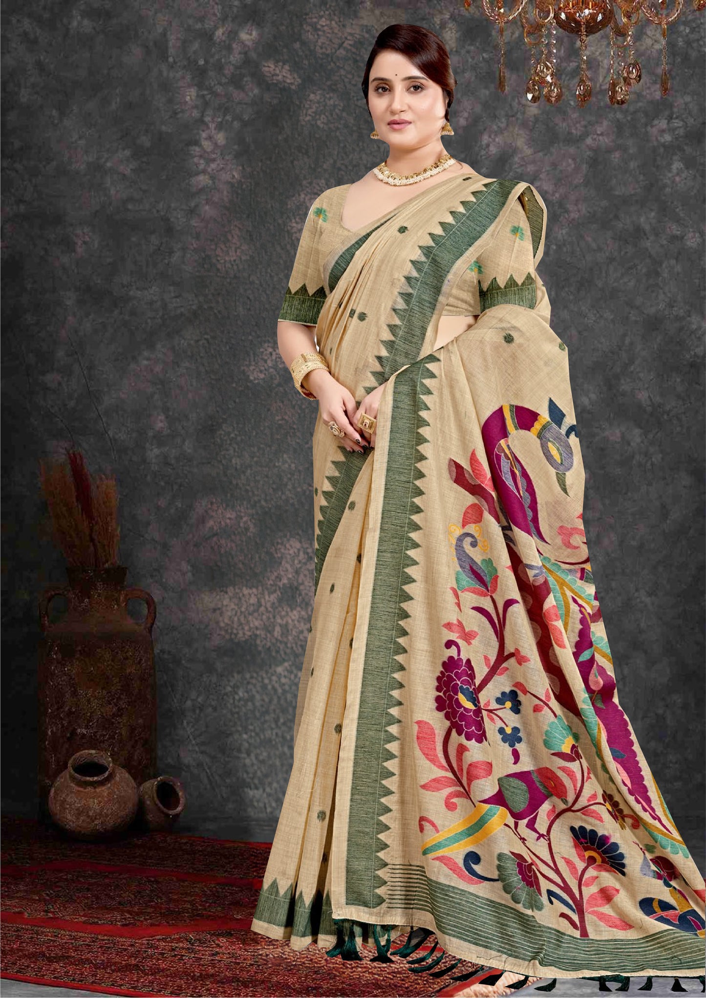 Beige cotton paithani Saree