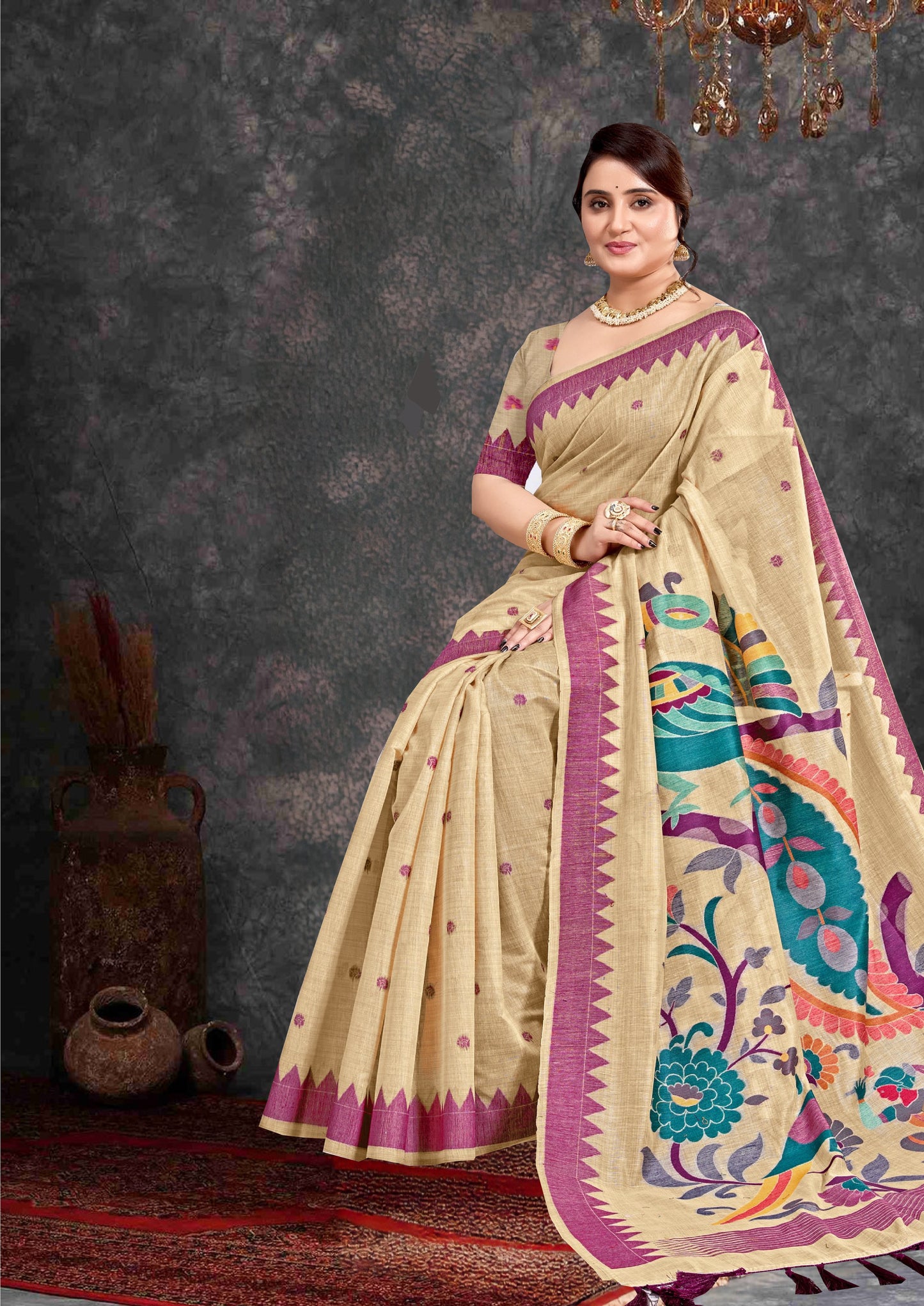Beige cotton paithani Saree
