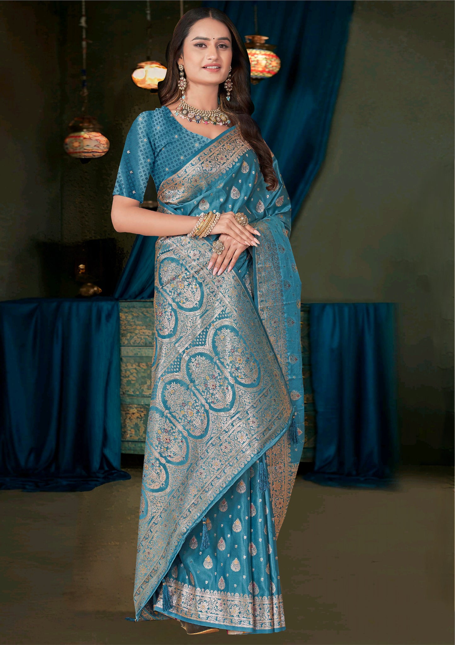 Teal Blue Banarasi Satin Saree
