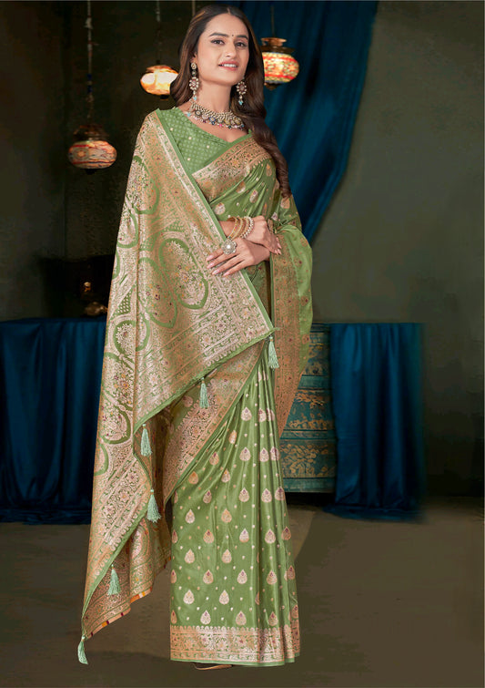 Mehandi Green Banarasi Satin Saree