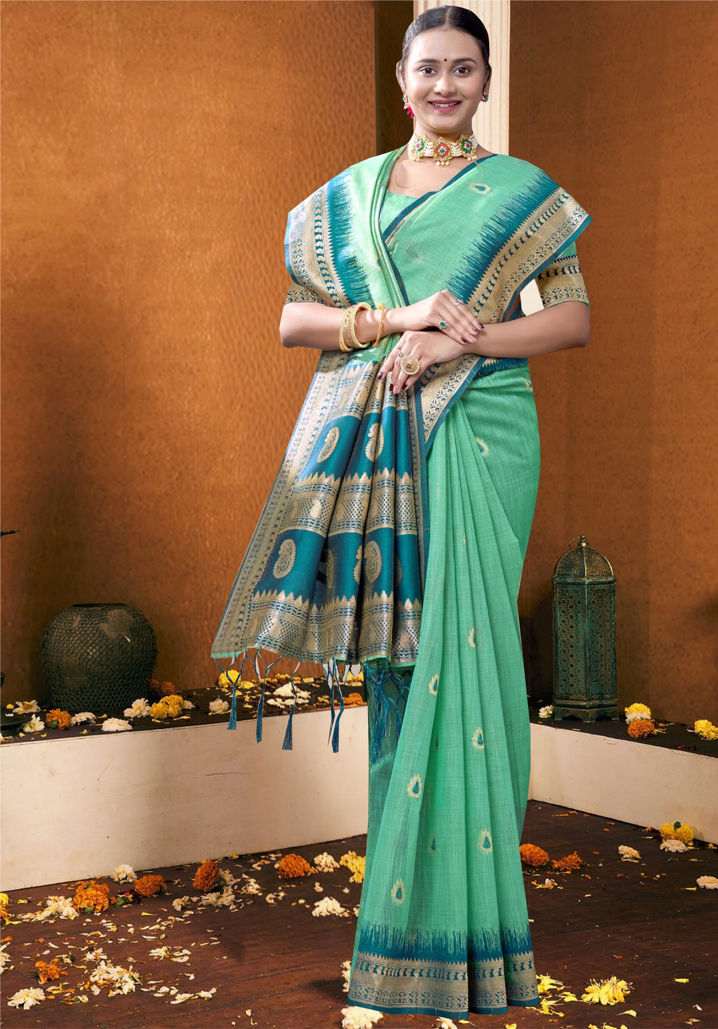 Elegant Sea Green linen- cotton Saree