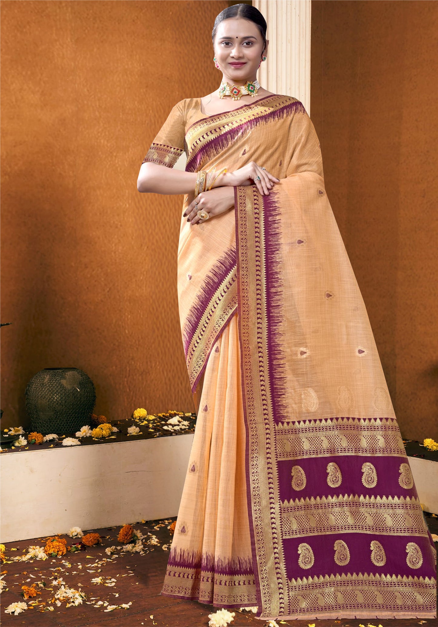 Peach with Maroon Contrast Border &nbsp;linen- cotton &nbsp;Saree