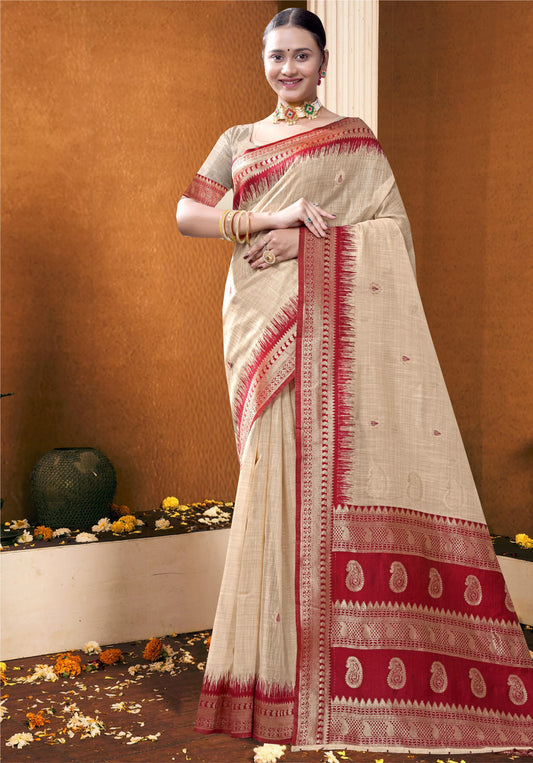 Rich Red linen- cotton Kanjivaram Saree