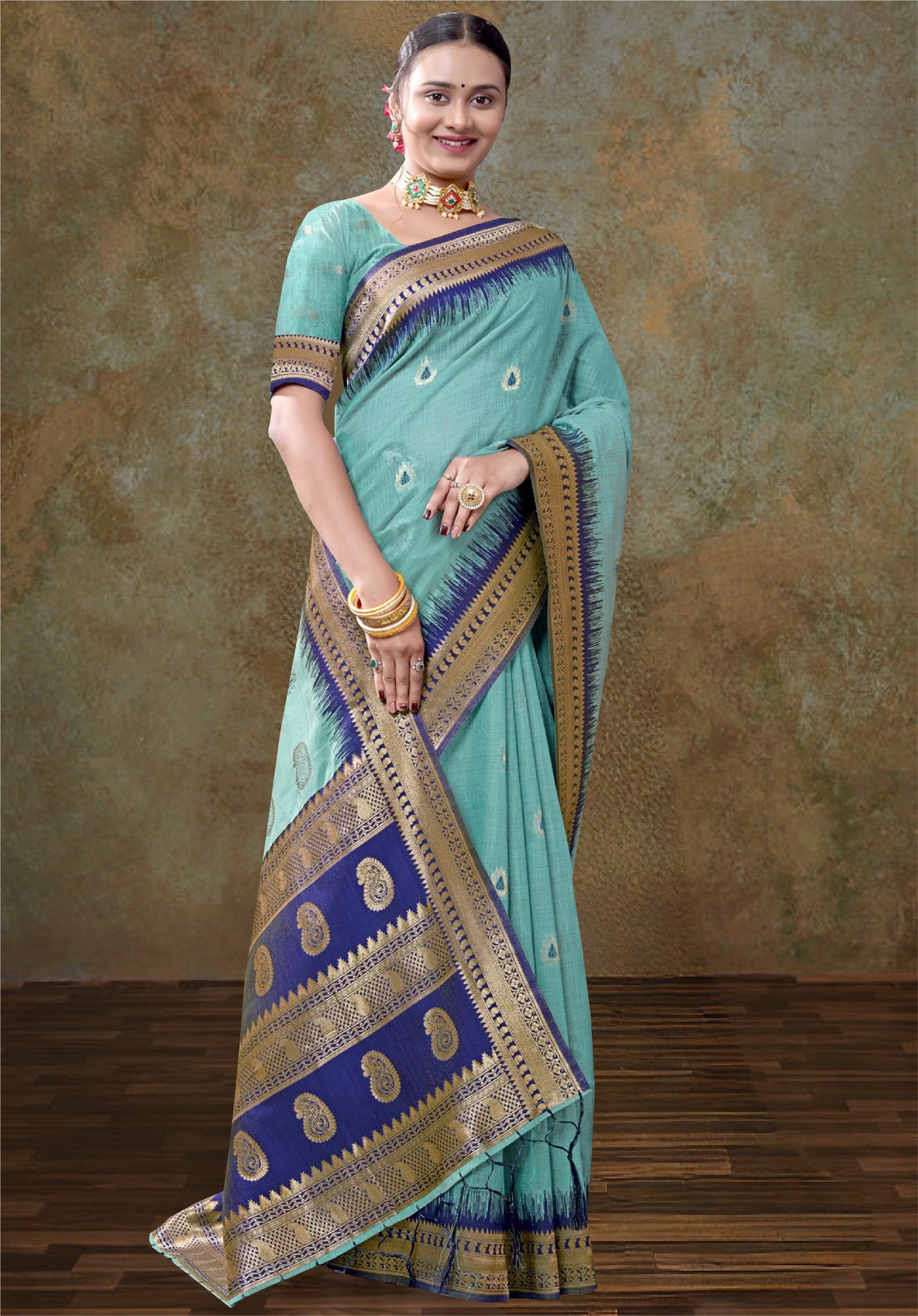 Royal Blue linen- cotton Saree