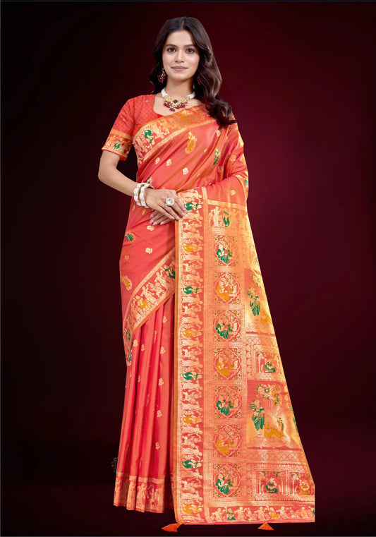 Bright Coral Orange Silk Sare