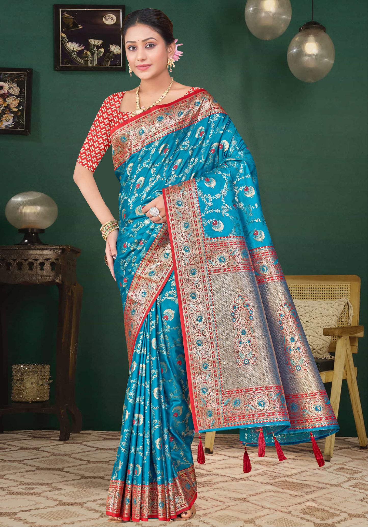 Blue Banarasi Silk Saree adorned with intricate zari