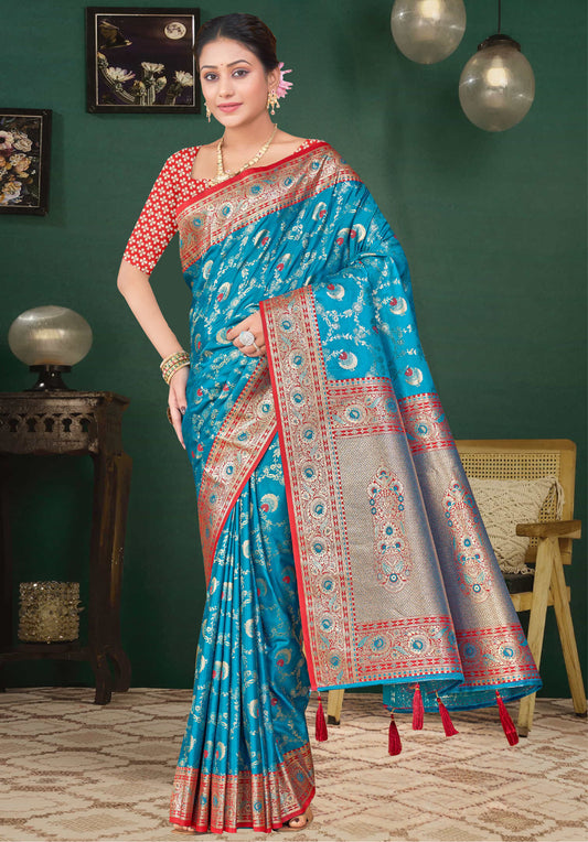 Blue Banarasi Silk Saree adorned with intricate zari