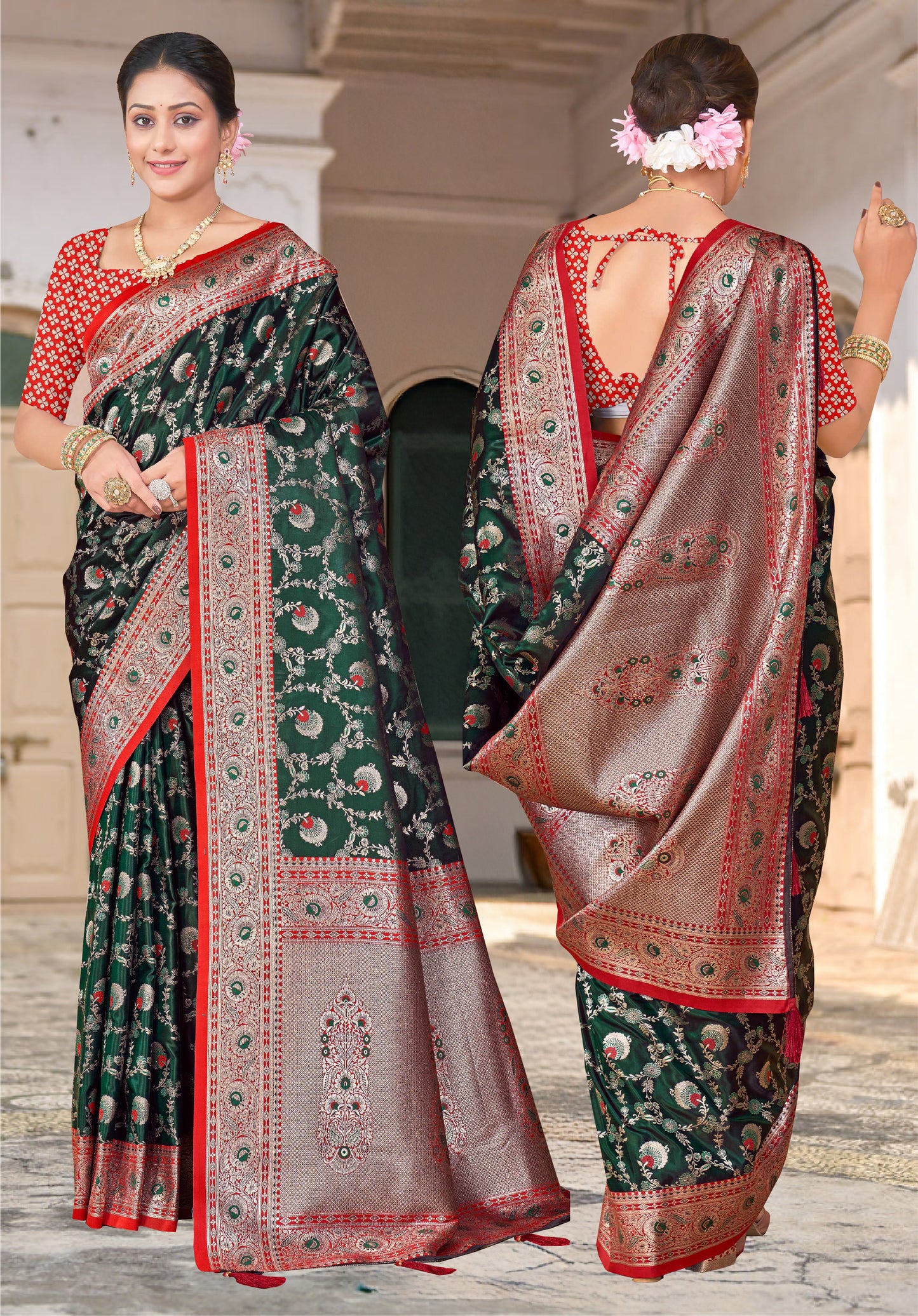 Deep Green Banarasi Silk Saree adorned with intricate zari